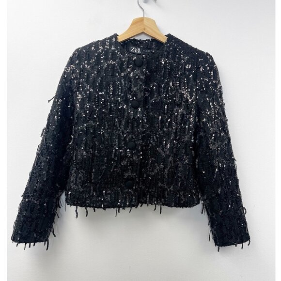 Zara Womens Sequin Jacket Blazer XS Black Fringed Textured New - Picture 1 of 14